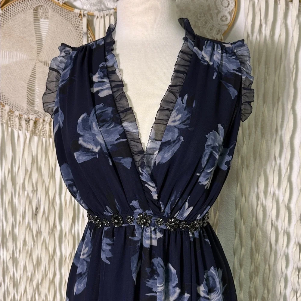 Kate Spade Navy and Light Blue Floral Chiffon Embellished Midi Length Dress XS